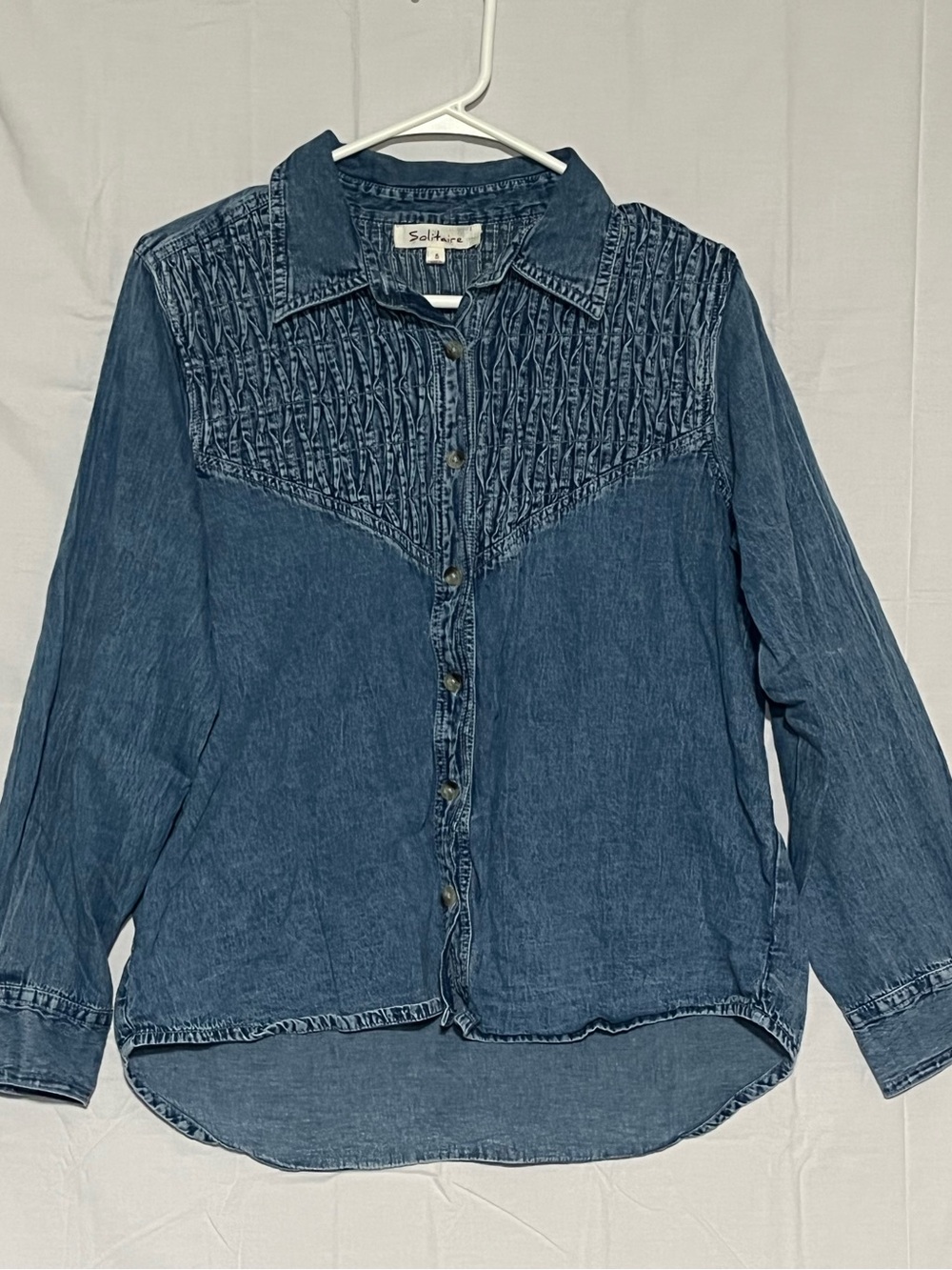 Solitaire Dark Blue Denim Button-Down Shirt with Ruffle Smocked Yoke
